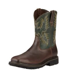 Ariat Boots: Men's 10017434 Brown Green Sierra Wide 10" Steel Toe Slip Resistant Pull On Work Boots -doublehboots shop 10017434 3 4 front